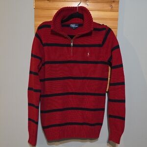 Ralph‎ Lauren Boys Red and Navy Striped Zip-Up Sweater Sz XL